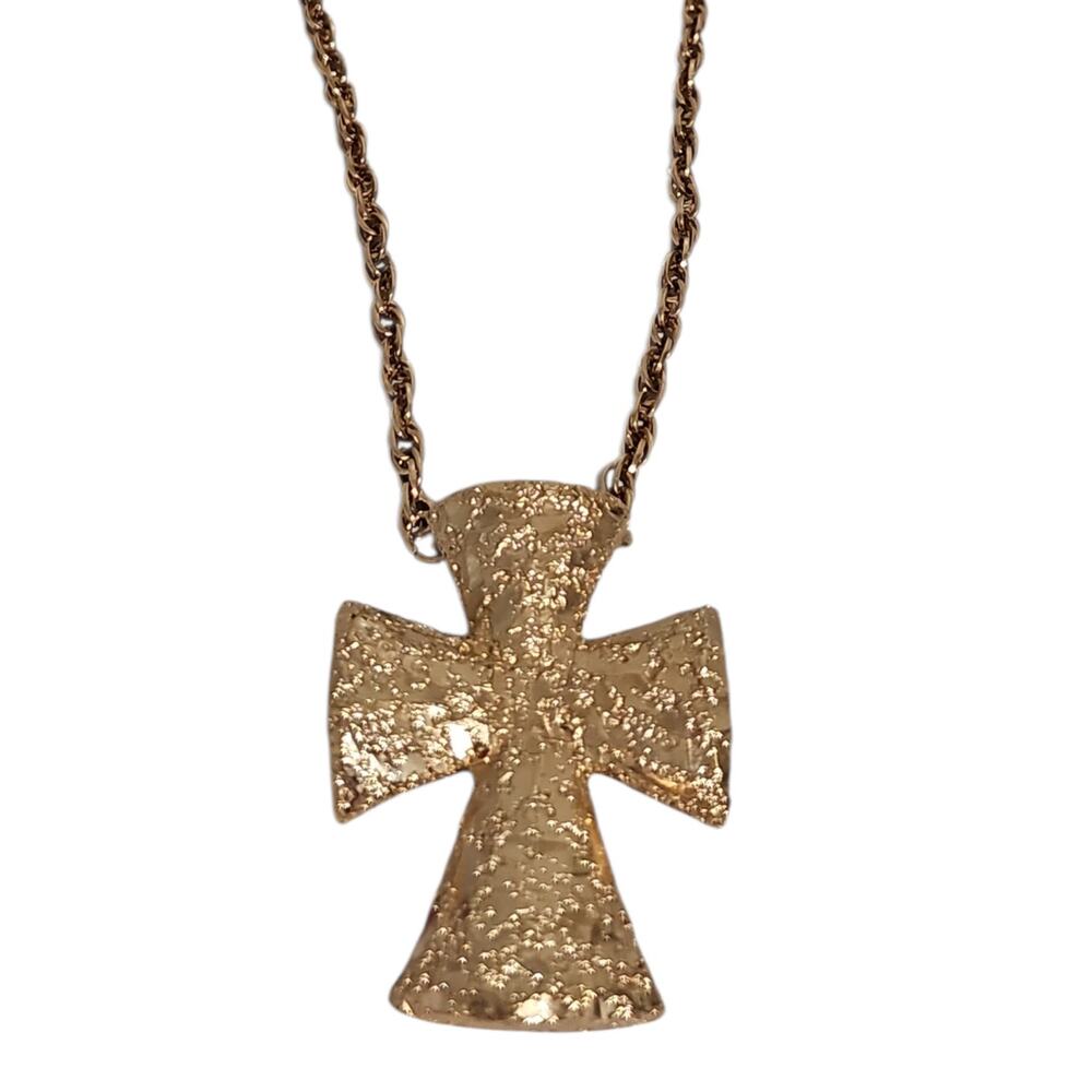 Vintage Sarah Coventry Gold Cross Necklace Pendant Signed Golden Splendor 1977